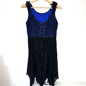 Renaissance Lace Long Bodice Corset Cinch Blue‎ & Black Lace Sz Large